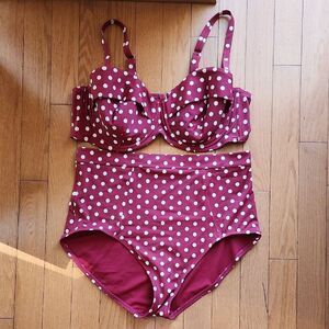 Adore Me Red Polka Dot Swimwear- Women's Size 1X Bottom, Size 42D Top